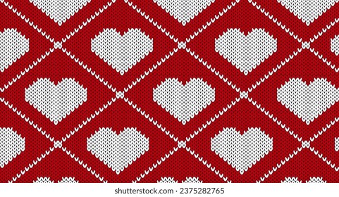 White heart knitted pattern, Festive Sweater Design. Seamless Knitted Pattern, Christmas concept.