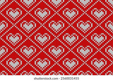 White Heart Knitting Pattern, Festive Sweater Design. Seamless Knitting Pattern, Christmas Concept.
