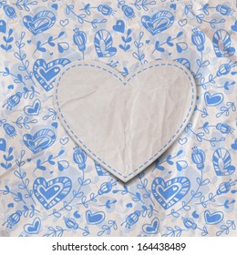 White heart label  on hand- drawn floral background with old crumpled paper texture, Valentine day illustration  