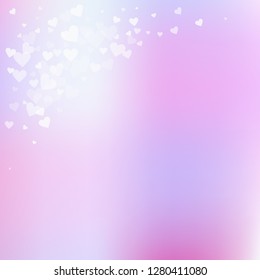 White heart love confettis. Valentines day corner delicate background. Falling transparent hearts confetti on pinkish background. Emotional vector illustration.