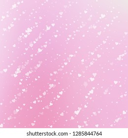 White heart love confettis. Valentine's day falling rain impressive background. Falling transparent hearts confetti on pinkish background. Curious vector illustration.