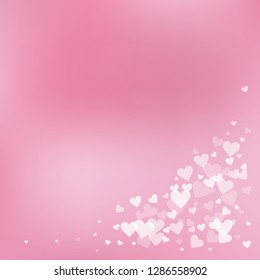 White heart love confettis. Valentine's day corner eminent background. Falling transparent hearts confetti on soft background. Dramatic vector illustration.