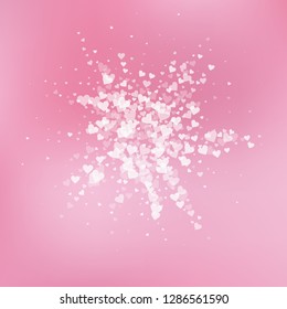 White heart love confettis. Valentine's day explosion amusing background. Falling transparent hearts confetti on soft background. Comely vector illustration.