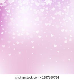 White heart love confettis. Valentine's day gradient astonishing background. Falling transparent hearts confetti on pinkish background. Exquisite vector illustration.