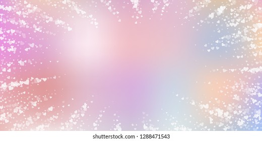 White heart love confettis. Valentine's day vignette fine background. Falling transparent hearts confetti on color transition background. Extra vector illustration.