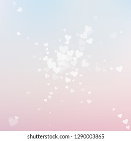 White heart love confettis. Valentine's day explosion great background. Falling transparent hearts confetti on delicate background. Comely vector illustration.