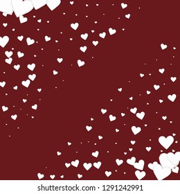 White heart love confettis. Valentine's day corner original background. Falling stitched paper hearts confetti on maroon background. Ecstatic vector illustration.