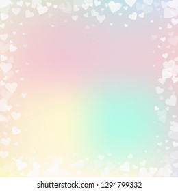 White heart love confettis. Valentine's day frame surprising background. Falling transparent hearts confetti on soft background. Enchanting vector illustration.