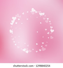 White heart love confettis. Valentine's day frame favorable background. Falling transparent hearts confetti on pinkish background. Energetic vector illustration.