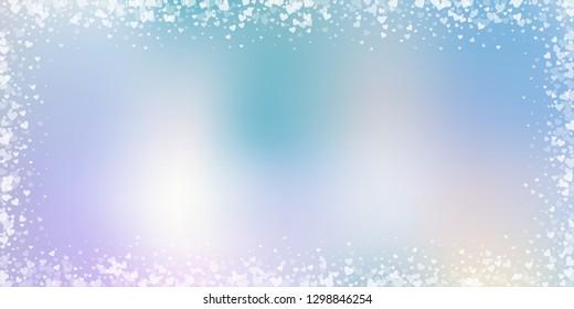 White heart love confettis. Valentine's day frame overwhelming background. Falling transparent hearts confetti on color transition background. Energetic vector illustration.