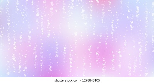 White heart love confettis. Valentine's day falling rain majestic background. Falling transparent hearts confetti on color transition background. Enchanting vector illustration.