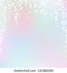 White heart love confettis. Valentine's day falling rain brilliant background. Falling transparent hearts confetti on gentle background. Creative vector illustration.