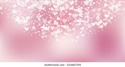 White heart love confettis. Valentine's day semicircle exotic background. Falling transparent hearts confetti on soft gradient background. Exquisite vector illustration.