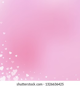 White heart love confettis. Valentine's day corner elegant background. Falling transparent hearts confetti on delicate background. Enchanting vector illustration.