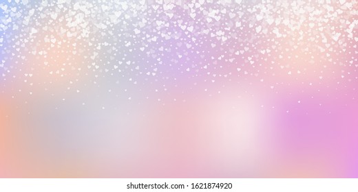 White heart love confettis. Valentine's day gradient decent background. Falling transparent hearts confetti on gentle background. Exceptional vector illustration.