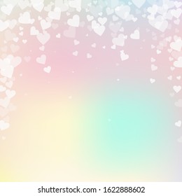 White heart love confettis. Valentine's day falling rain bewitching background. Falling transparent hearts confetti on gradient background. Creative vector illustration.