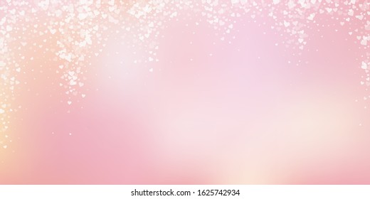 White heart love confettis. Valentine's day falling rain classy background. Falling transparent hearts confetti on pinkish background. Energetic vector illustration.