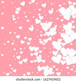 White heart love confettis. Valentine's day gradient elegant background. Falling stitched paper hearts confetti on pink background. Excellent vector illustration.