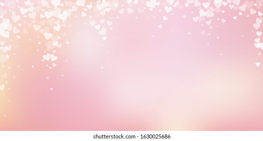 White heart love confettis. Valentine's day falling rain bizarre background. Falling transparent hearts confetti on color transition background. Energetic vector illustration.