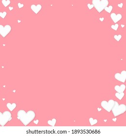 White heart love confettis. Valentine's day vignette pretty background. Falling stitched paper hearts confetti on pink background. Extraordinary vector illustration.