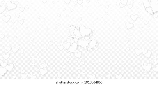 White heart love confettis. Valentine's day explosion worthy background. Falling stitched paper hearts confetti on transparent background. Delicate vector illustration.