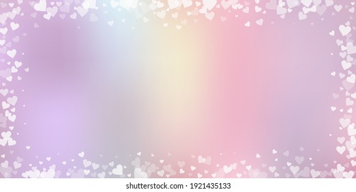White heart love confettis. Valentine's day frame noteworthy background. Falling transparent hearts confetti on gentle background. Energetic vector illustration.