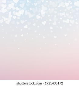 White heart love confettis. Valentine's day gradient wondrous background. Falling transparent hearts confetti on gentle background. Curious vector illustration.