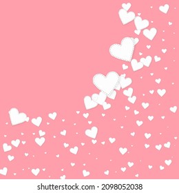 White heart love confettis. Valentine's day corner captivating background. Falling stitched paper hearts confetti on pink background. Divine vector illustration.