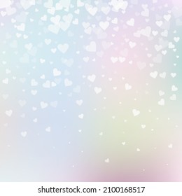 White heart love confettis. Valentine's day gradient amusing background. Falling transparent hearts confetti on delicate background. Exquisite vector illustration.