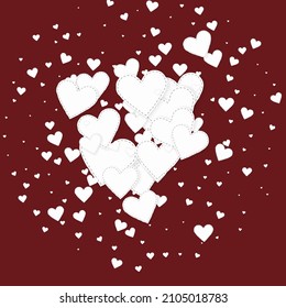 White heart love confettis. Valentine's day explosion tempting background. Falling stitched paper hearts confetti on maroon background. Classy vector illustration.