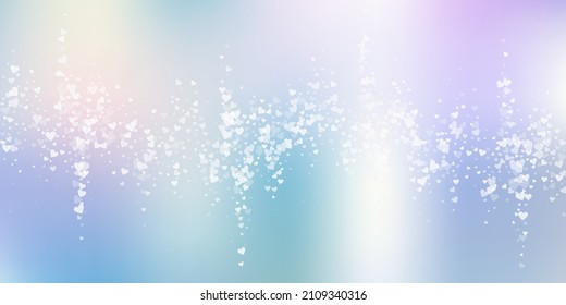 White heart love confettis. Valentine's day falling rain admirable background. Falling transparent hearts confetti on color transition background. Elegant vector illustration.