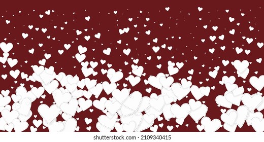 White heart love confettis. Valentine's day falling rain favorable background. Falling stitched paper hearts confetti on maroon background. Eminent vector illustration.