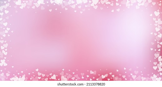 White heart love confettis. Valentine's day frame optimal background. Falling transparent hearts confetti on pinkish background. Energetic vector illustration.