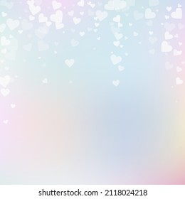 White heart love confettis. Valentine's day falling rain lovely background. Falling transparent hearts confetti on pinkish background. Cool vector illustration.