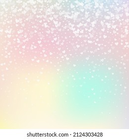 White heart love confettis. Valentine's day gradient bewitching background. Falling transparent hearts confetti on soft background. Exquisite vector illustration.