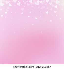 White heart love confettis. Valentine's day gradient terrific background. Falling transparent hearts confetti on pinkish background. Energetic vector illustration.