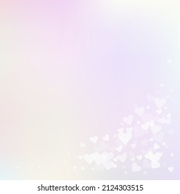 White Heart Love Confettis. Valentine's Day Corner Divine Background. Falling Transparent Hearts Confetti On Gentle Background. Dramatic Vector Illustration.