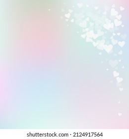 White heart love confettis. Valentine's day corner rare background. Falling transparent hearts confetti on gentle background. Emotional vector illustration.