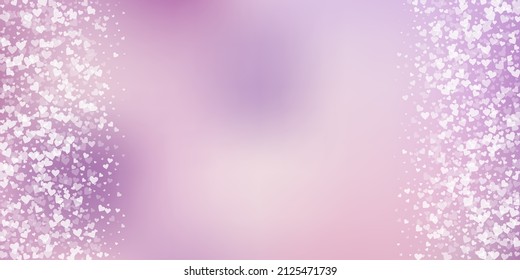 White heart love confettis. Valentine's day border bizarre background. Falling transparent hearts confetti on color transition background. Delicate vector illustration.