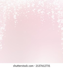 White heart love confettis. Valentine's day falling rain charming background. Falling transparent hearts confetti on pinkish background. Creative vector illustration.