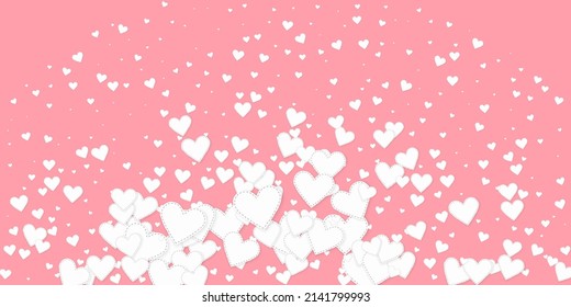 White heart love confettis. Valentine's day explosion unusual background. Falling stitched paper hearts confetti on pink background. Divine vector illustration.