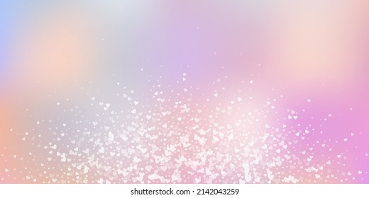 White heart love confettis. Valentine's day explosion artistic background. Falling transparent hearts confetti on soft gradient background. Dramatic vector illustration.