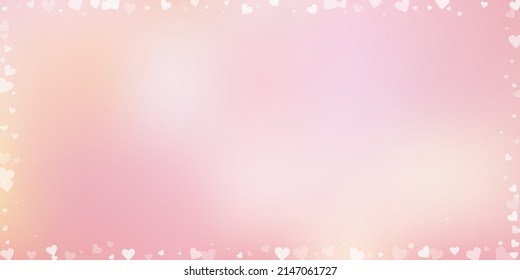 White heart love confettis. Valentine's day frame attractive background. Falling transparent hearts confetti on pinkish background. Excellent vector illustration.