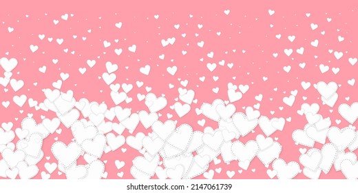 White heart love confettis. Valentine's day falling rain fetching background. Falling stitched paper hearts confetti on pink background. Eminent vector illustration.