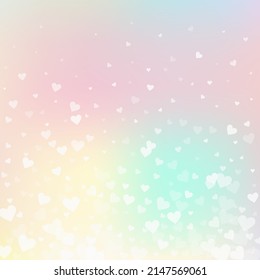 White heart love confettis. Valentine's day gradient bold background. Falling transparent hearts confetti on pinkish background. Extra vector illustration.