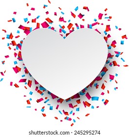 White heart love sign over confetti background. Vector holiday illustration. 