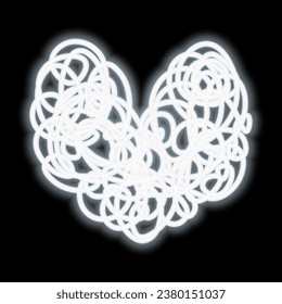 White heart made from doodles. Neon glow. A white symbol of love made of tangled curls. Vector illustration. Hand drawn glowing heart shape made from spiral lines. Outline on isolated black background