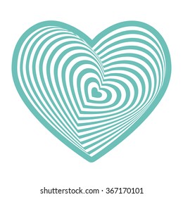 white heart on aqua sky blue on white background. Optical illusion of 3D three-dimensional volume. Vector