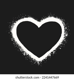 White heart on black background. Heart frame for text. Hand drawn spray paint heart. Grunge vector hearts. Valentine background. 