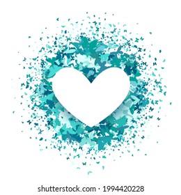 White heart on circle glitter confetti butterflies on white background. Creative concept for Valentines day, Chinese Qi Xi Festival, double 7th day. For wedding poster, logo. Vector illustration.
